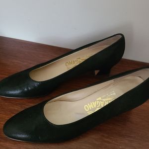 Salvatore Ferragamo Black snake skin print block heels EUC Size 7AA